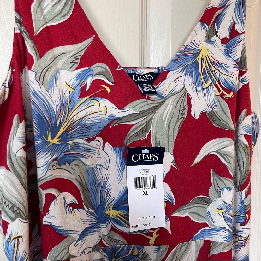 Chaps Red Floral NWT Cotton Knit Long Dress XL with Blue & Cream - Picture 2 of 5